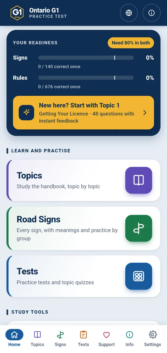 Ontario G1 app home screen with Signs and Rules readiness bars